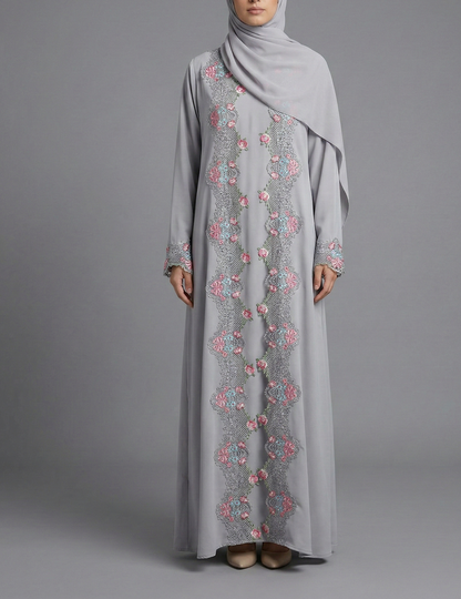 Grey Floral Lace Trim Abaya