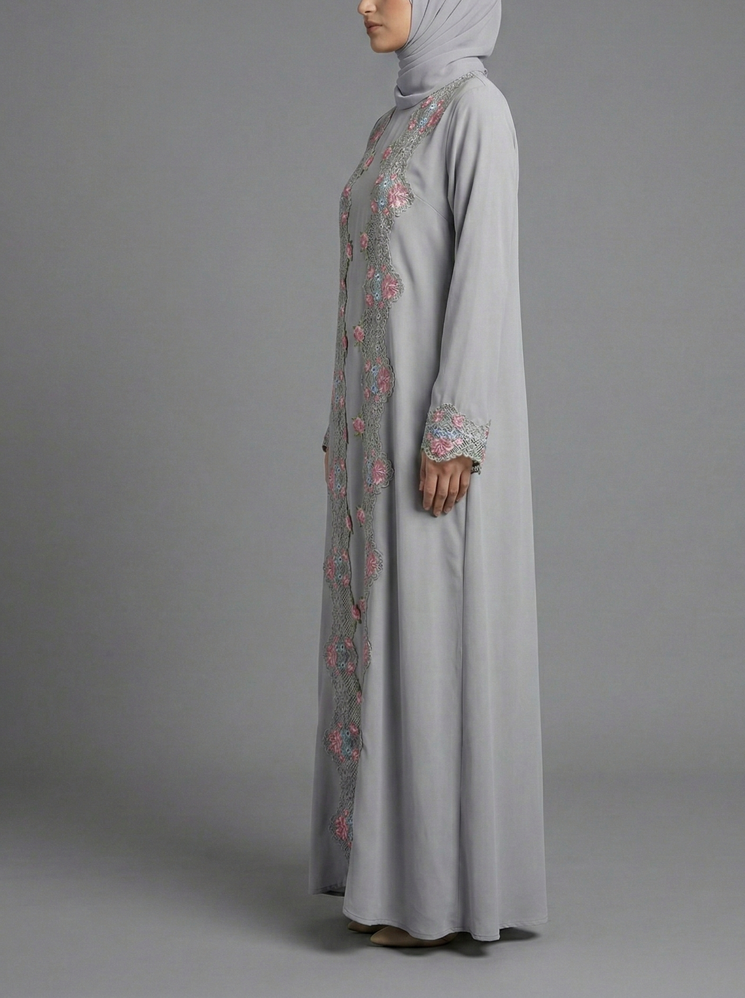 Grey Floral Lace Trim Abaya