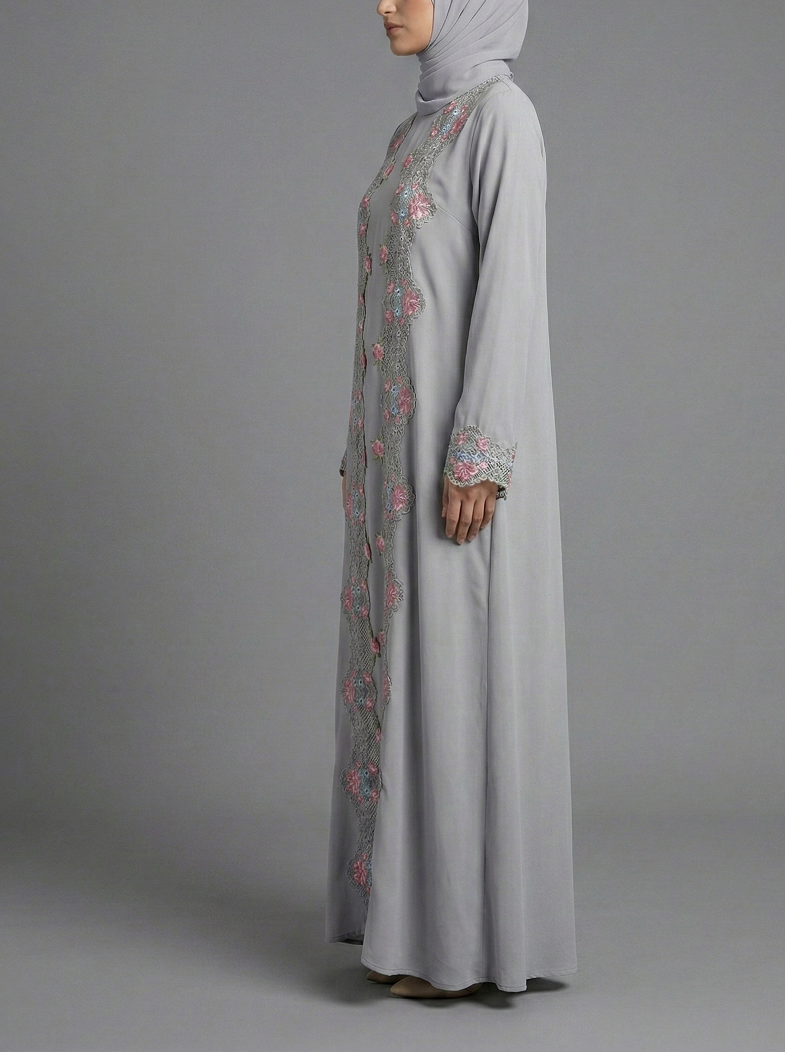 Grey Floral Lace Trim Abaya