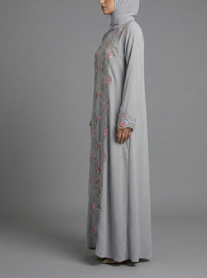 Grey Floral Lace Trim Abaya