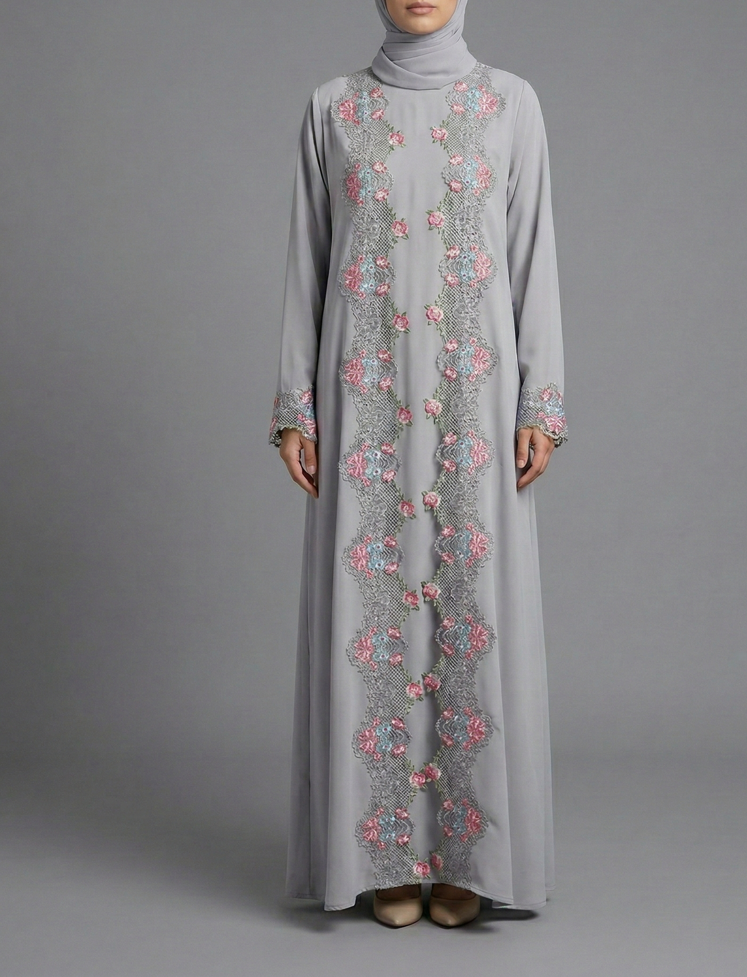 Grey Floral Lace Trim Abaya