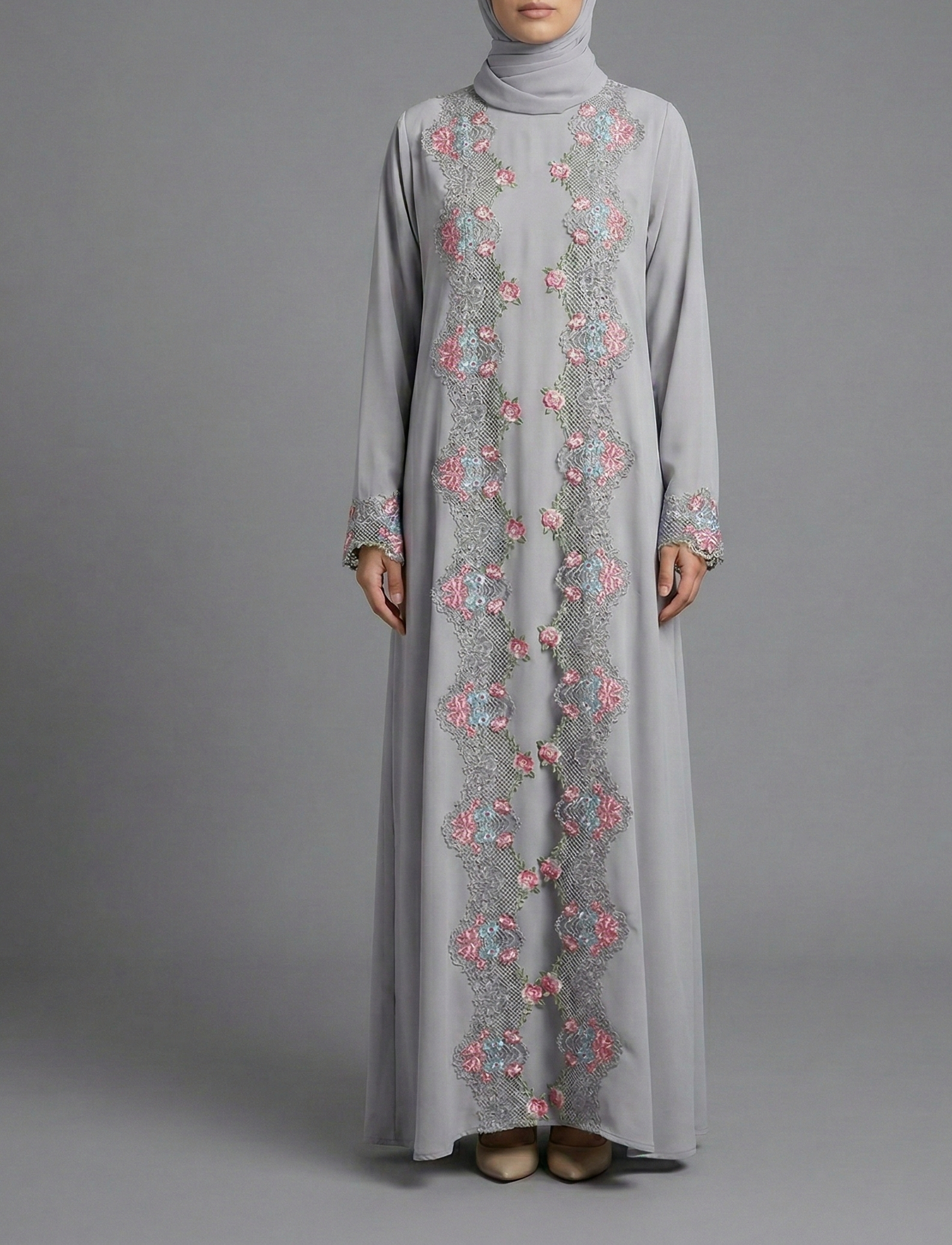Grey Floral Lace Trim Abaya