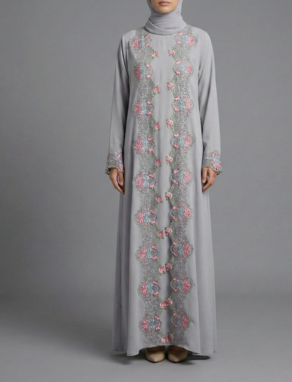 Grey Floral Lace Trim Abaya