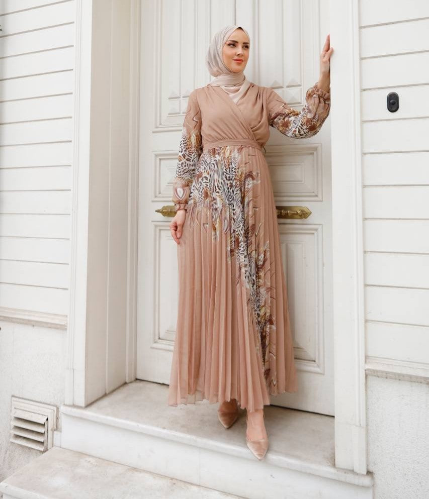 Aara Beige Pleated Chiffon Dress