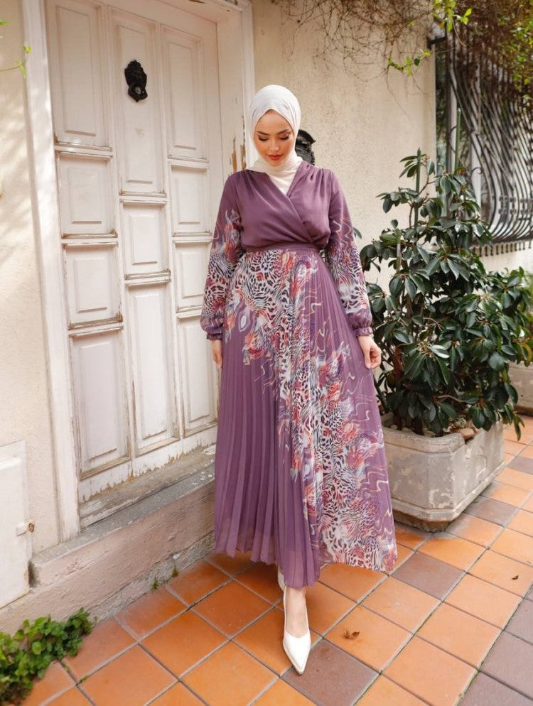 Aara Purple Pleated Chiffon Dress