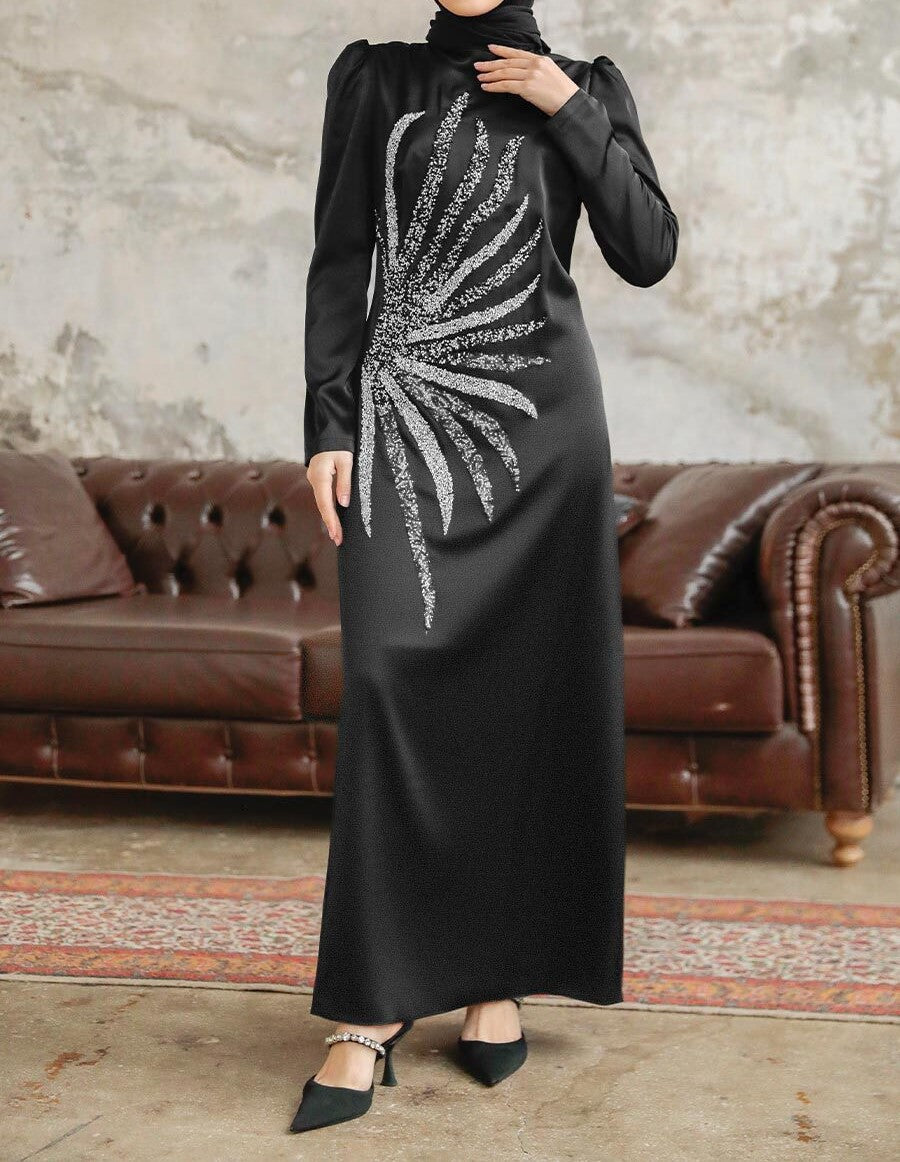 Hiba Crystal Black Satin Dress