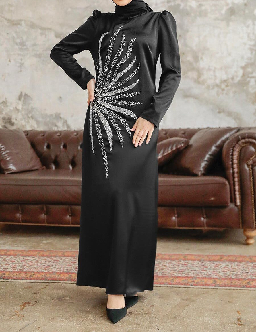 Hiba Crystal Black Satin Dress