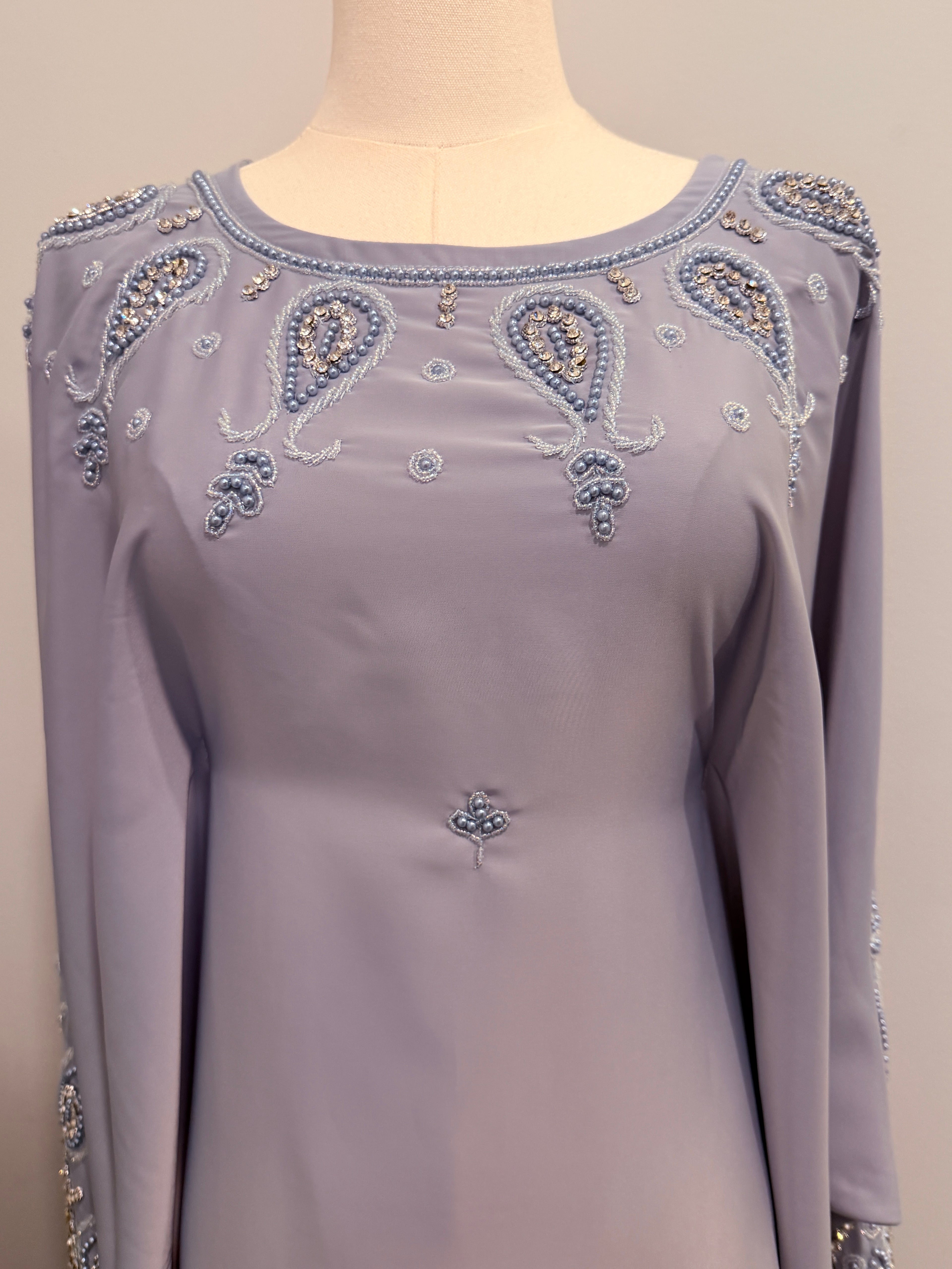 Luxury Pearl Closed Abaya Set- Light Sea Blue