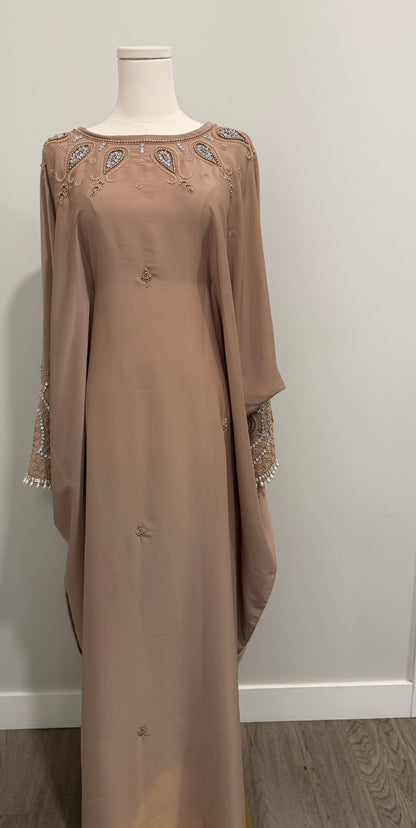 Luxury Pearl Closed Abaya Set- Brown