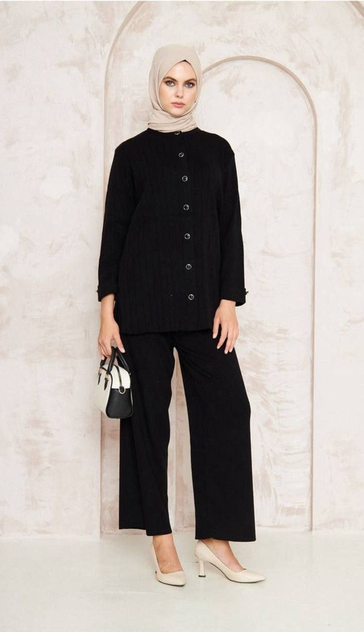 Mona Knit Button Down Top &amp; Pant Matching Set- Black