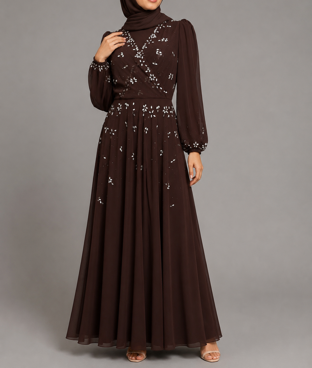 Neha Rhinestone Dress - Coffee
