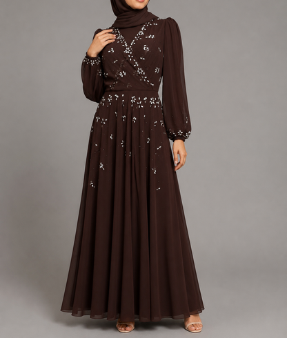 Neha Rhinestone Dress - Coffee