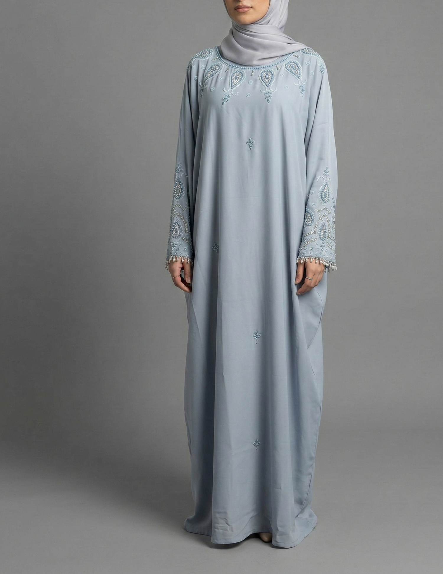Luxury Pearl Closed Abaya- Light Sea Blue