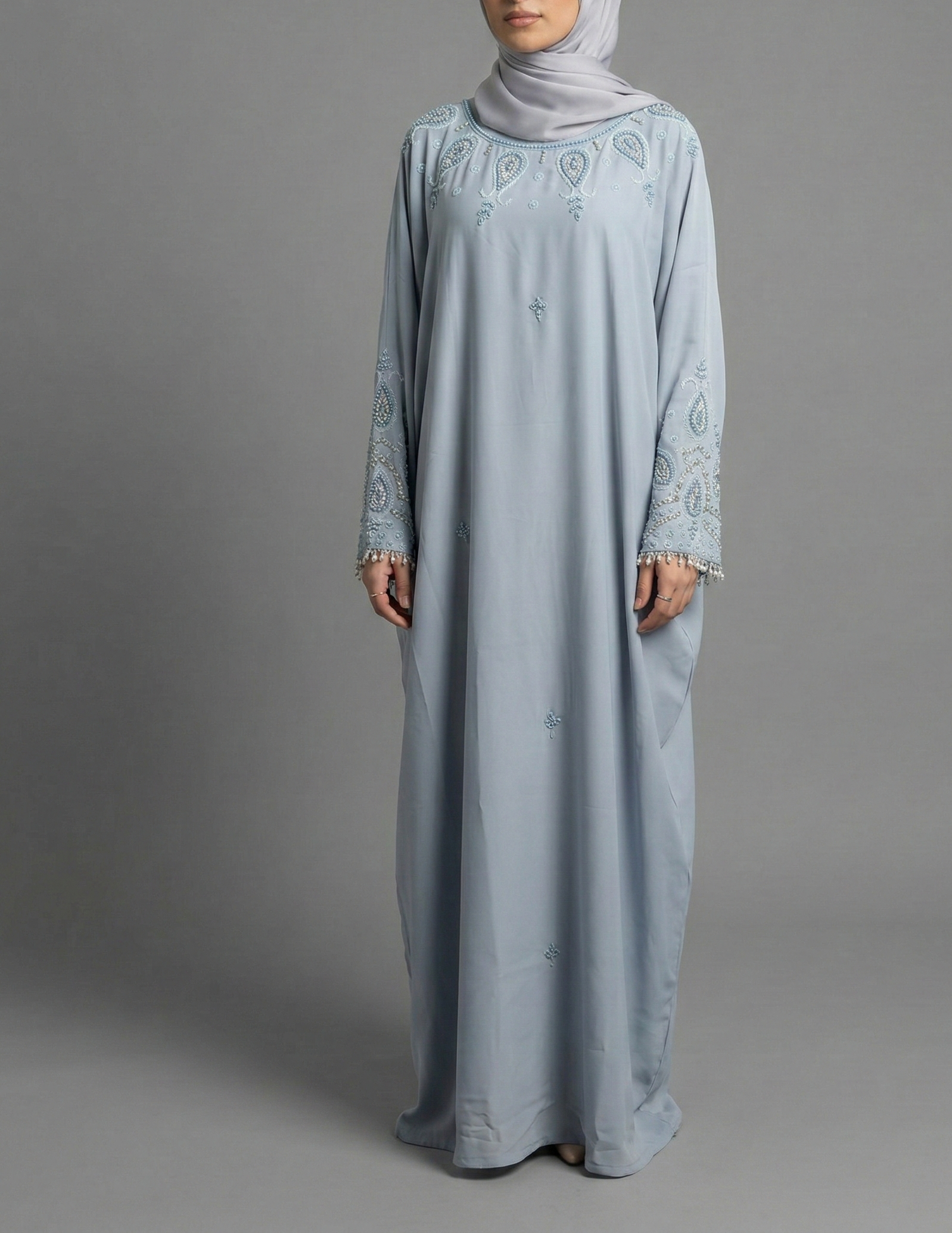 Luxury Pearl Closed Abaya- Light Sea Blue