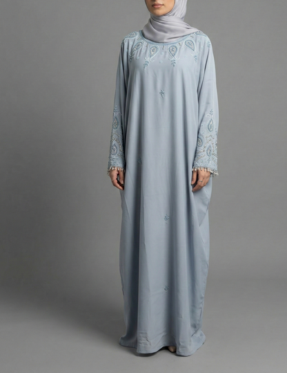 Luxury Pearl Closed Abaya- Light Sea Blue