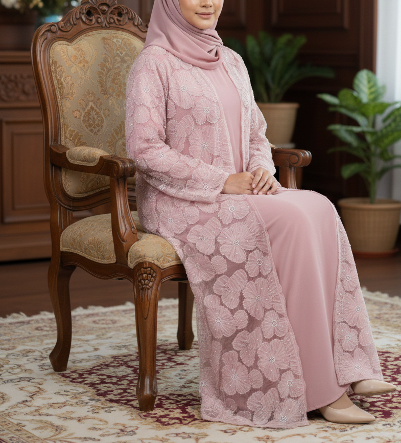 Yasmin Embellished Abaya Set- Pink