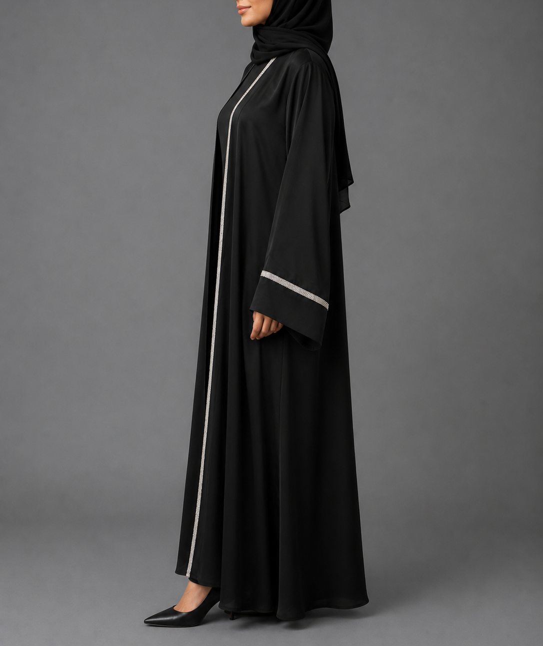 Zoya Glitter Trim Abaya Set  - Black