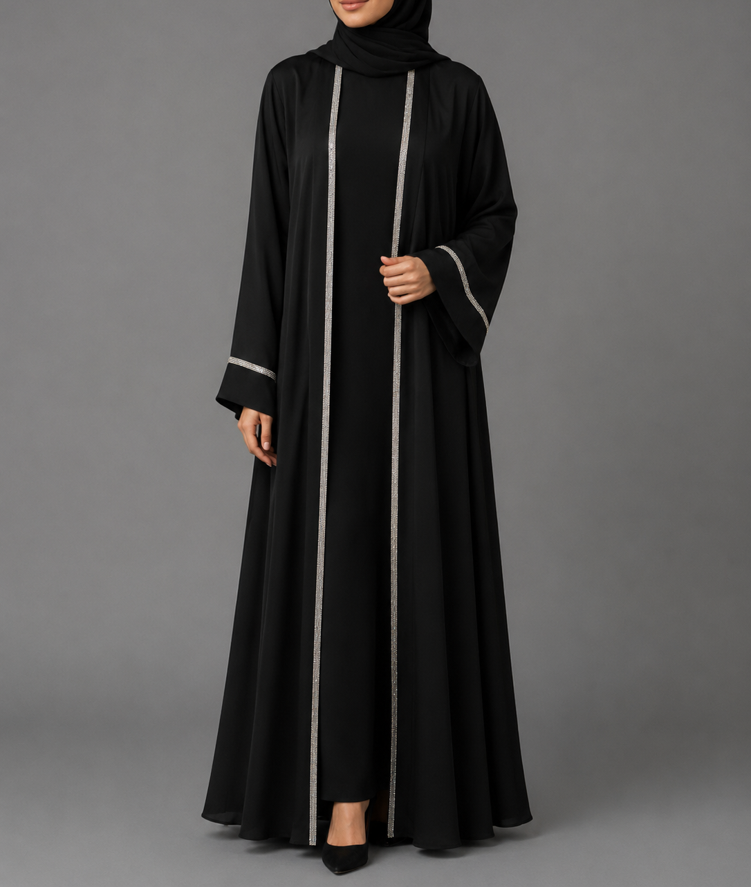 Zoya Glitter Trim Abaya Set  - Black