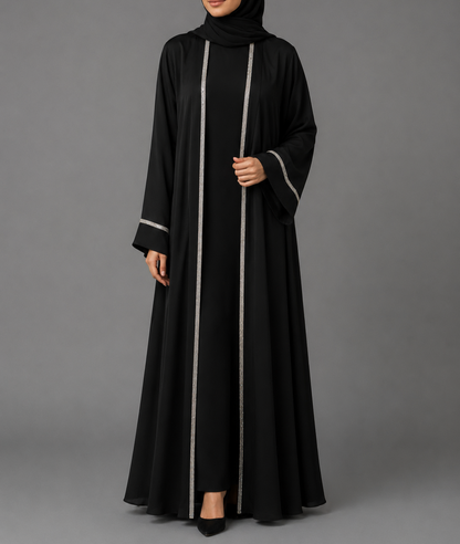 Zoya Glitter Trim Abaya Set  - Black