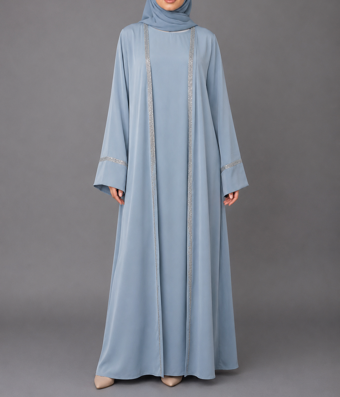 Zoya Glitter Trim Abaya Set  - Blue