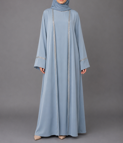 Zoya Glitter Trim Abaya Set  - Blue
