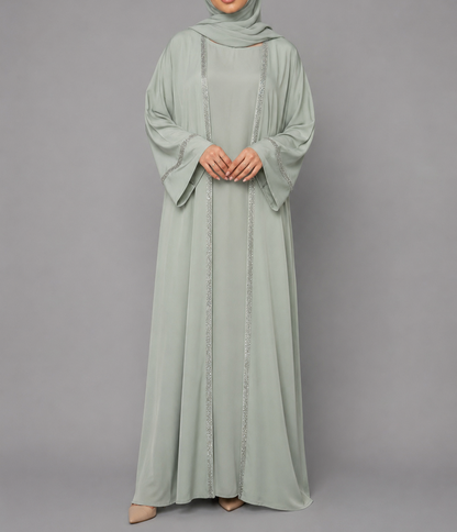 Zoya Glitter Trim Abaya Set  - Mint