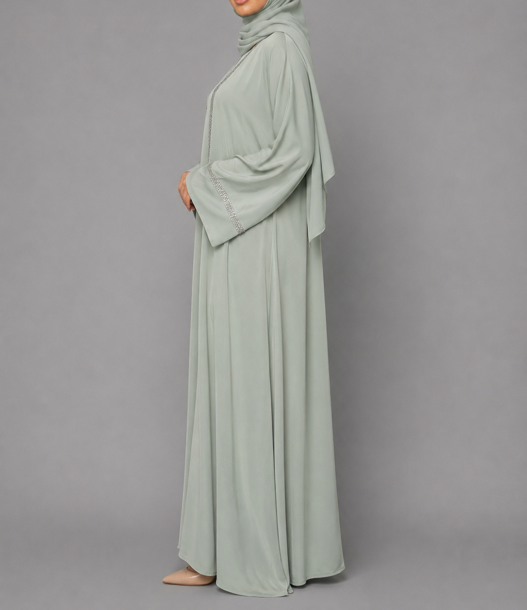 Zoya Glitter Trim Abaya Set  - Mint