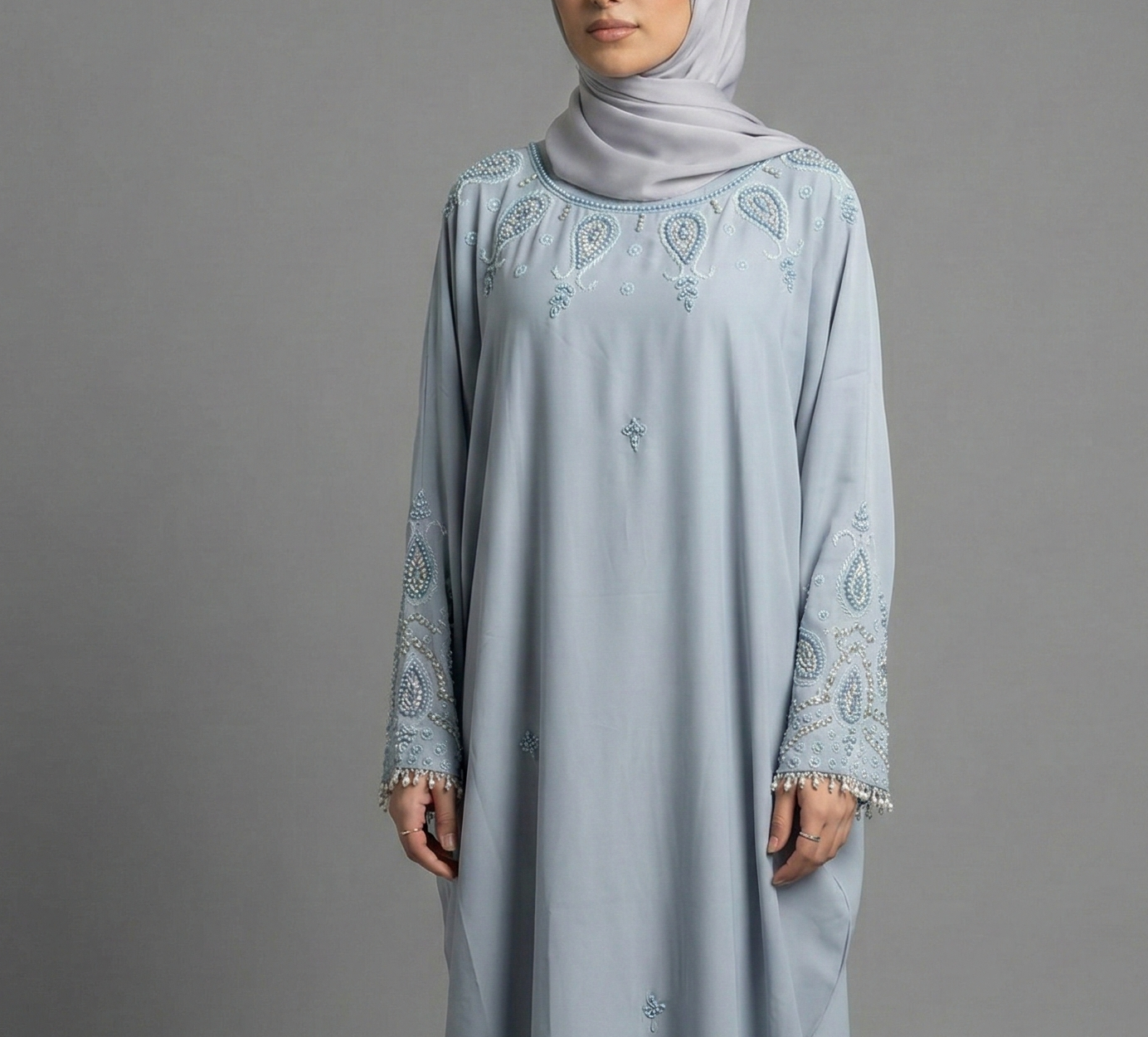Luxury Pearl Closed Abaya- Light Sea Blue
