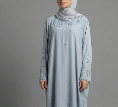 Luxury Pearl Closed Abaya- Light Sea Blue