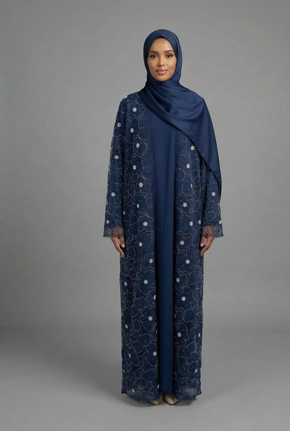 Yasmin Embellished Abaya Set- Navy