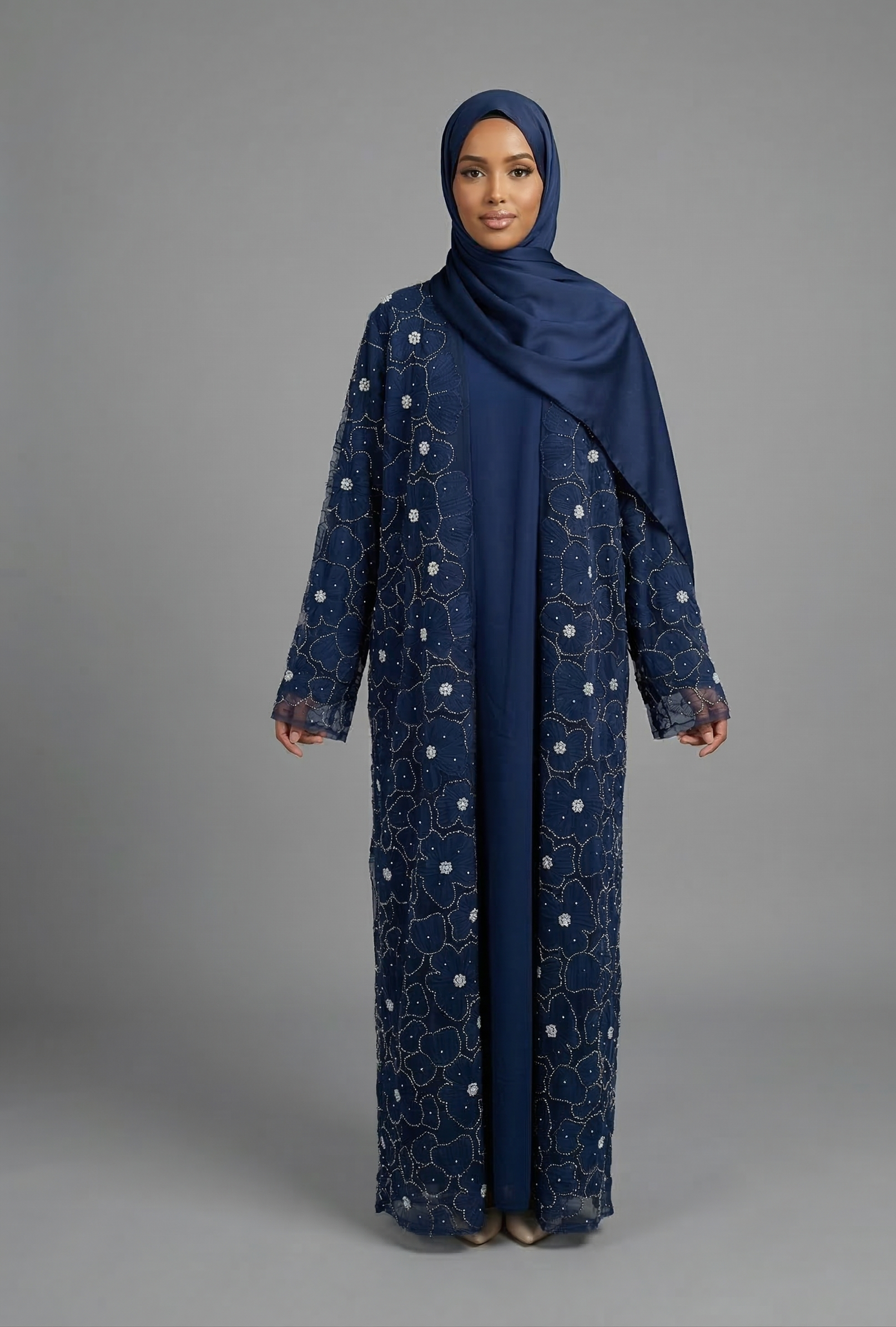 Yasmin Embellished Abaya Set- Navy
