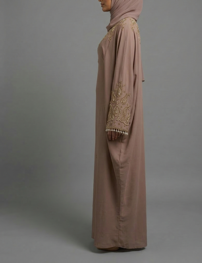 Luxury Pearl Closed Abaya- Brown